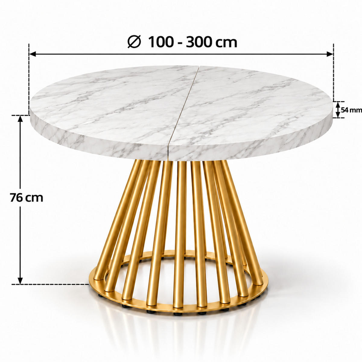 ESSTISCH rund ausziehbar 100/300/76 cm, Marmor, 54 cm Tischplatte + Lamellen-Metallgestell Gold - Goldfarben/Hellgrau, Holzwerkstoff/Metall (100/300/76cm) - Damale Möbel