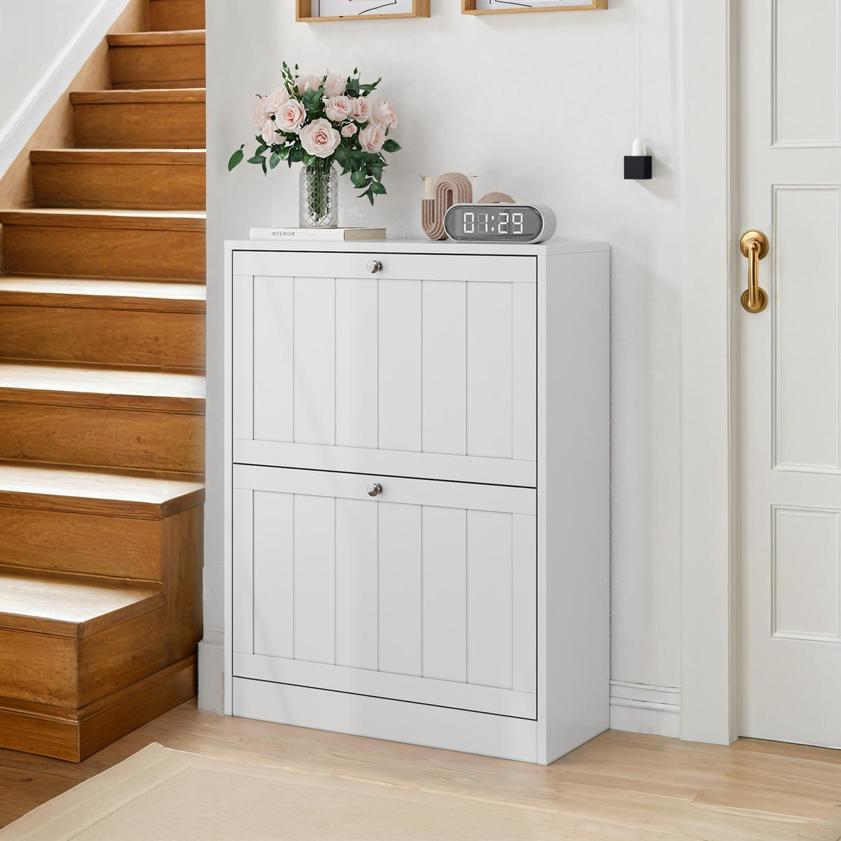 SCHUHSCHRANK aus MDF & Spanplatte in Weiß mit 2 Klappschubladen - Weiß, Holzwerkstoff (60/80/24cm) - Modfu