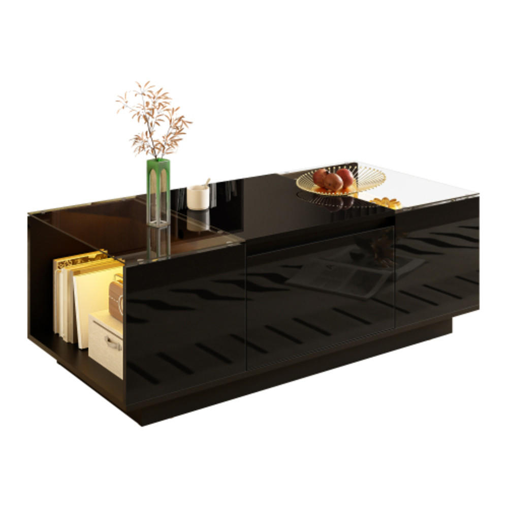 COUCHTISCH Schwarz aus Spanplatte mit Bluetooth LED-Licht und Glasverkleidung 105×50×35 cm - Schwarz, Holzwerkstoff (50/105/35cm) - Luhomfu