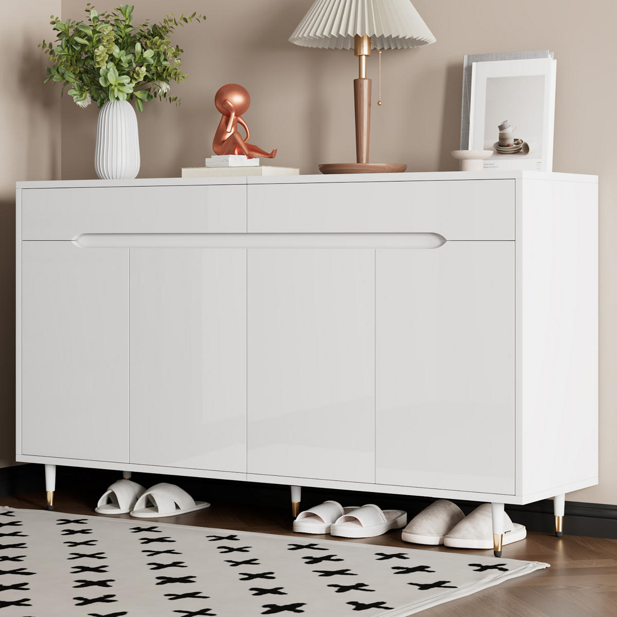 SCHUHSCHRANK 2 Türen 2 Schubladen Goldfüße - Weiß, Holzwerkstoff (140/84/39cm) - Fortuna Lai