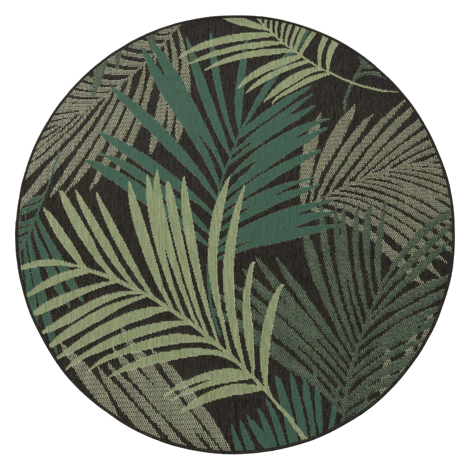 TEPPICH Outdoor Palmblättermuster Balkon, Terrasse schmutzabweisend Schwarz Rund 120D - Schwarz, Textil (120/120cm) - KADIMA DESIGN