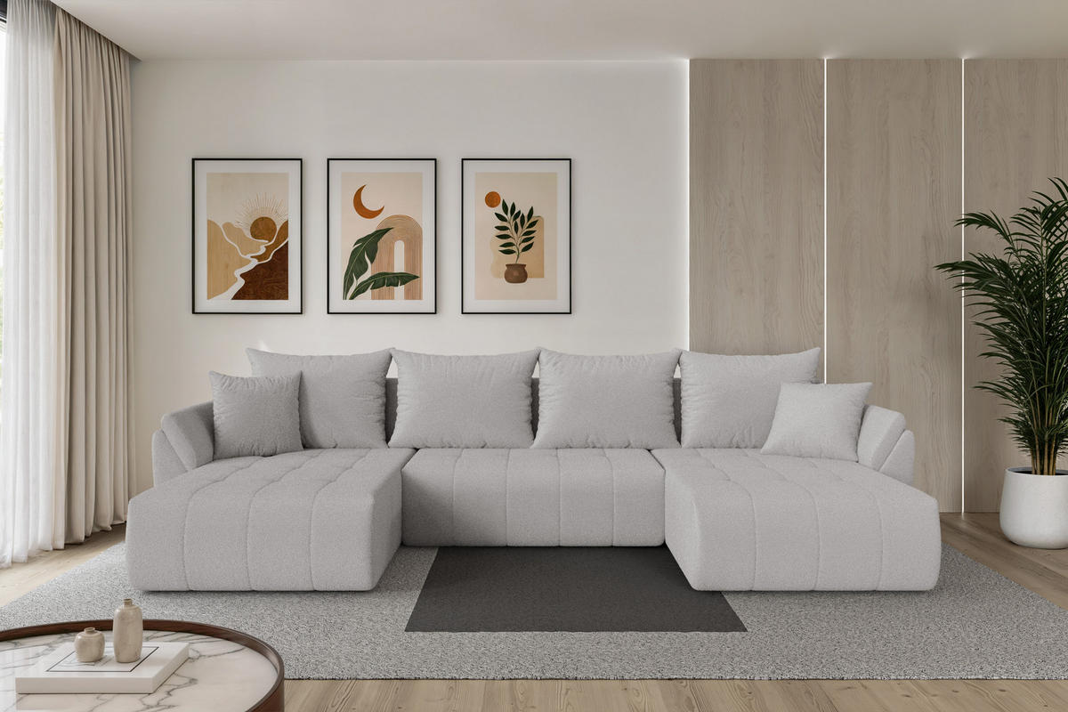 SEDACÍ SOUPRAVA DO U s funkcí spaní a úložným prostorem TOKO-U 378x194x86 světle šedá bouclé - černá/stříbrná, kompozitní dřevo/textil (378/86/194cm) - ALTDECOR