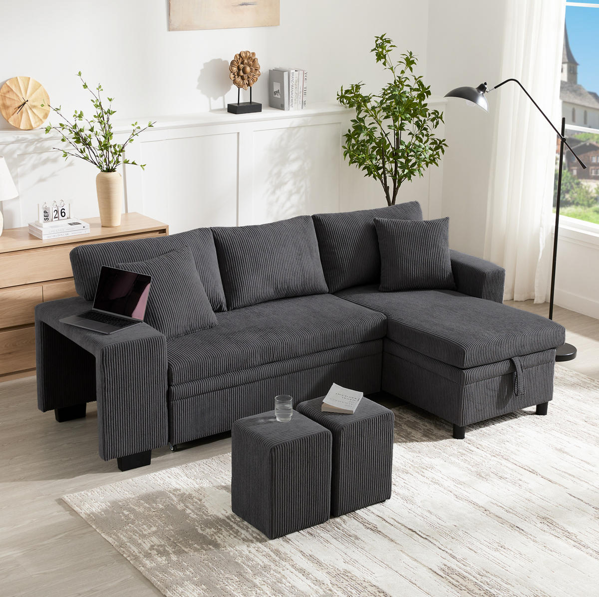 ECKSOFA L-Form 3-Sitzer mit Schlaffunktion und USB-Anschluss Cord Grau 231/131,5/84 cm - Grau, Textil (231/131.5cm) - OKWISH