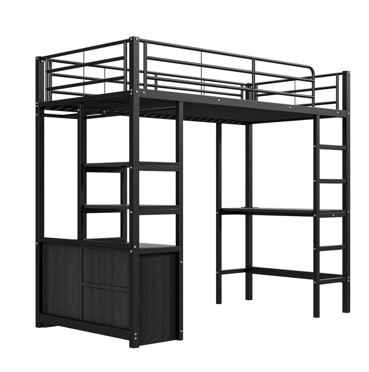 HOCHBETT 90/200 cm aus Metall mit Schreibtisch, Regalen und USB-Anschluss - Schwarz, Metall (90/200cm) - Flora Grace