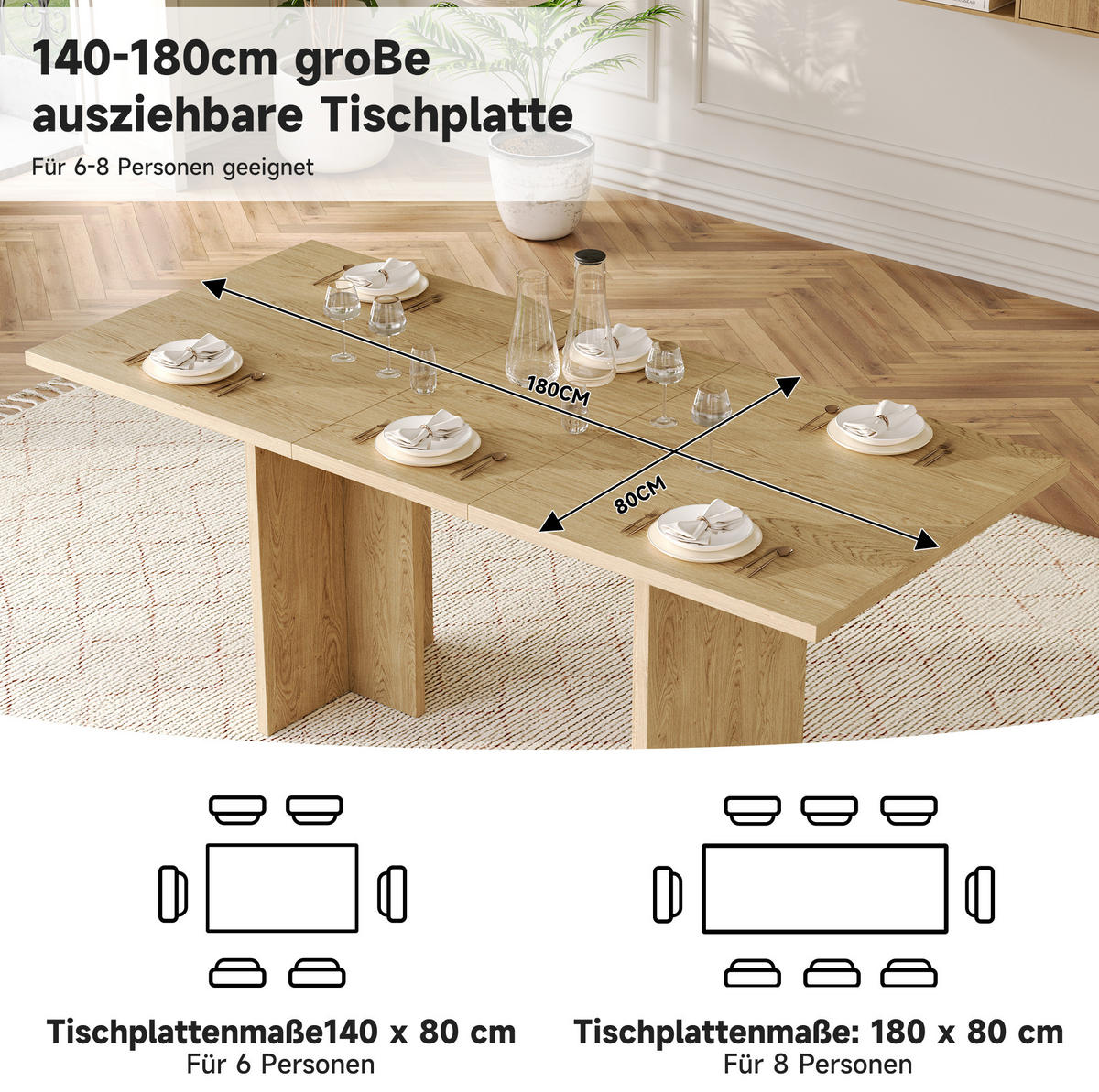 ESSTISCH aus MDF 140-180x80 cm Eichefarben ausziehbar für 6-8 Personen mit 30 mm Tischplatte - Eichefarben, Holzwerkstoff (180/80/75cm) - Modfu