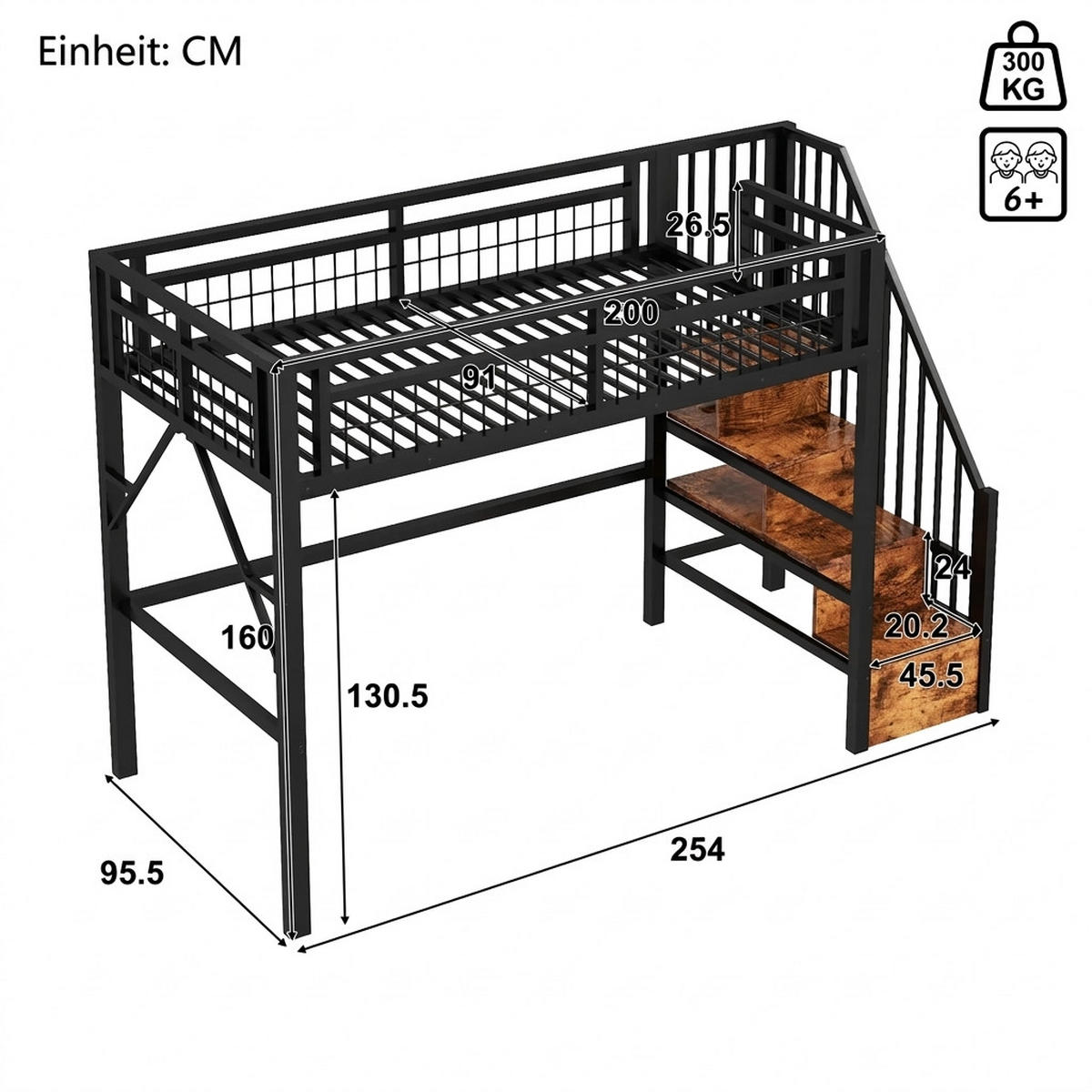 HOCHBETT 90/200 cm Schwarz mit LED-Lichtleiste und Stauraumtreppe - Schwarz, Metall (90/200cm) - Oxeza