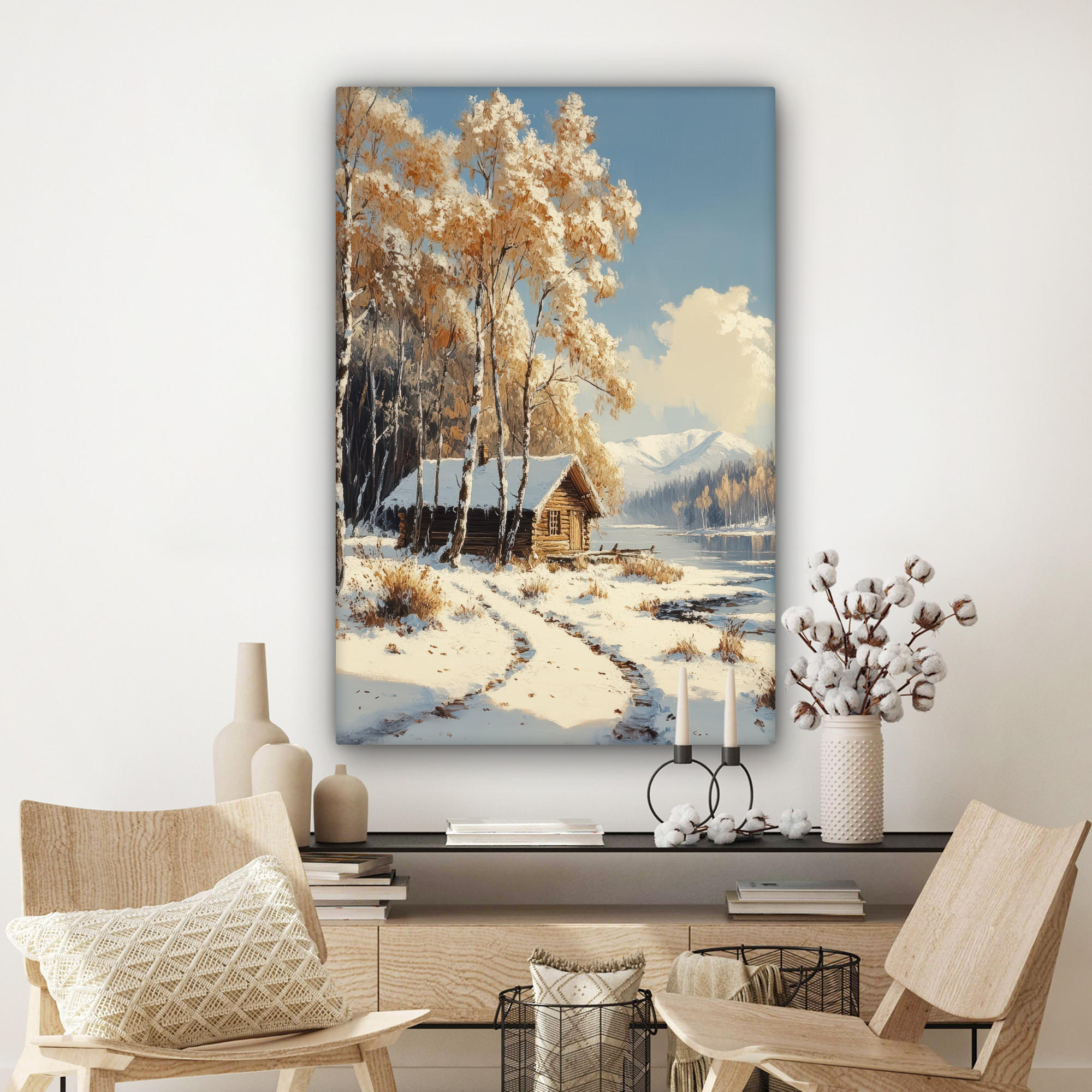 LEINWANDBILD Winter - Schnee - Zuhause - Natur 90x140 cm - Hellbraun, Textil (90/140cm) - MuchoWow