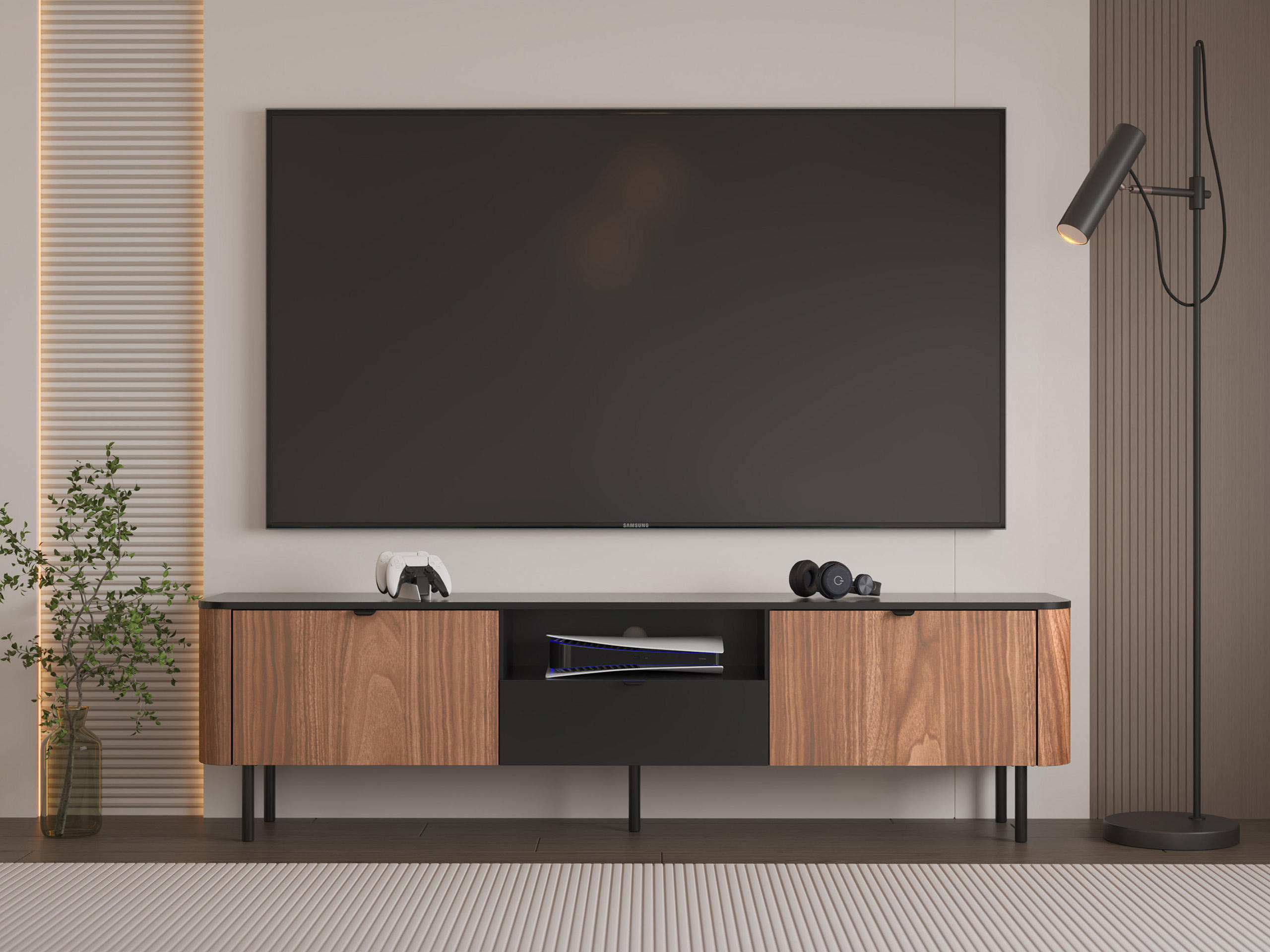TV-ELEMENT Pero 200 01 - Nussbaumfarben/Schwarz, Holzwerkstoff/Metall (200/55/39cm) - MIRJAN24