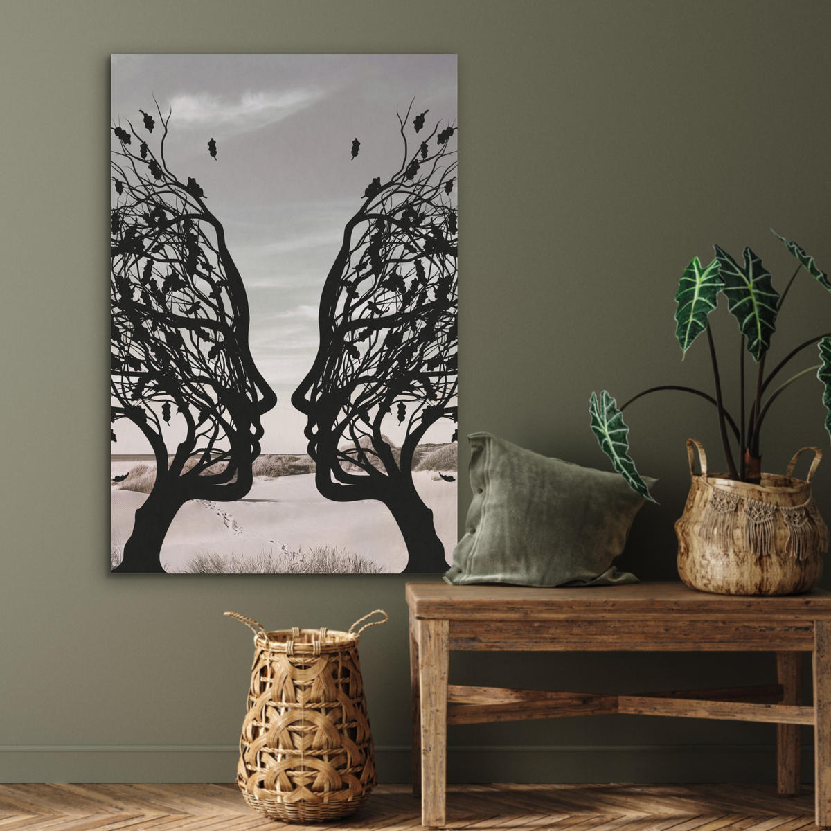 AKUSTIKPANEEL Strand - Meer - Menschen - Baum - Moderne Kunst 70x100 cm - Hellgrau, Textil (70/0.9/100cm) - MuchoWow