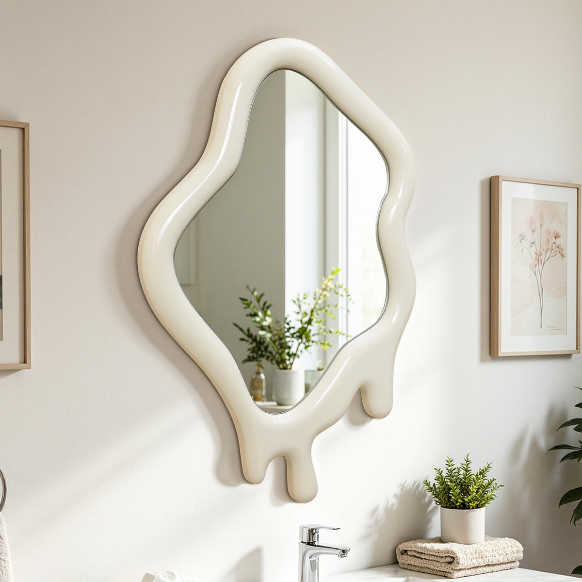 ASYMMETRISCHER Spiegel mit Holzrahmen 75×50 cm - Creme, Glas/Holz (50/3.5/75cm)