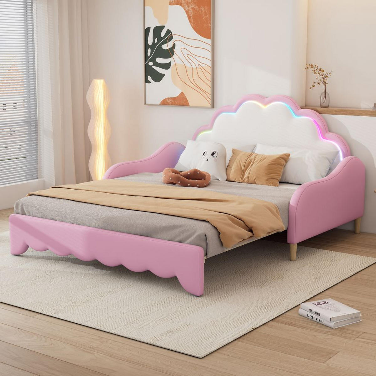 SOFABETT 140/200 cm in Rosa mit Matratze und Umgebungslicht - Pink, Leder/Holz (113/99/151cm) - KOMHTOM