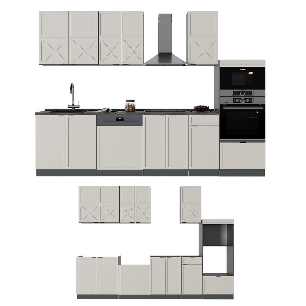 KÜCHENZEILE Fame-Line GrauBeige/Anthrazit 300 cm mit Hochschrank ohne AP - Anthrazit/Grau, Holzwerkstoff (300/81.6/46cm) - Vicco