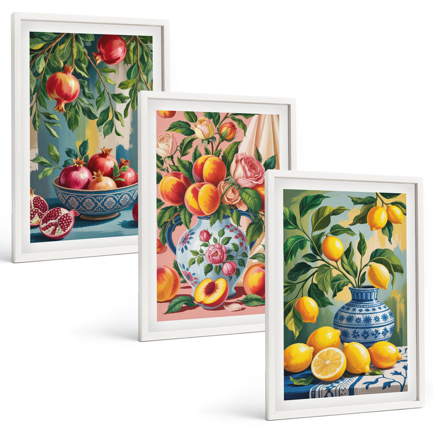 BILDER SET 3er Set - 40x60 cm Weißer Rahmen - Fruchtzusammensetzung von Granatäpfeln - Weiß, Kunststoff (40/60cm) - TULUP