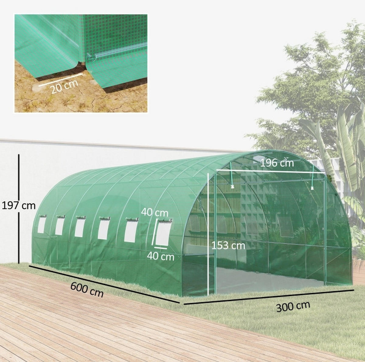 GEWÄCHSHAUS 600/300/197 cm Grün aus Kunststoff mit aufrollbaren Türen - Grün, Kunststoff (300/197/600cm) - OKMYHOME