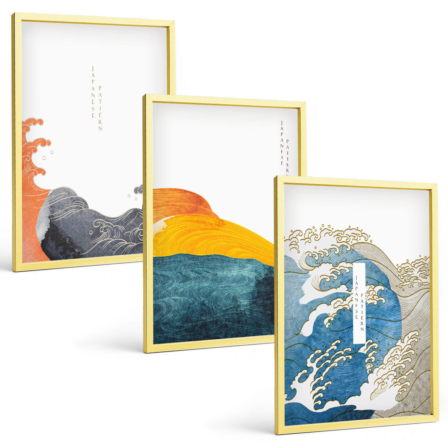 BILDER SET 3er Set - 40x60 cm Goldrahmen - Wellen des japanischen Grafikstils - Goldfarben, Kunststoff (40/60cm) - TULUP