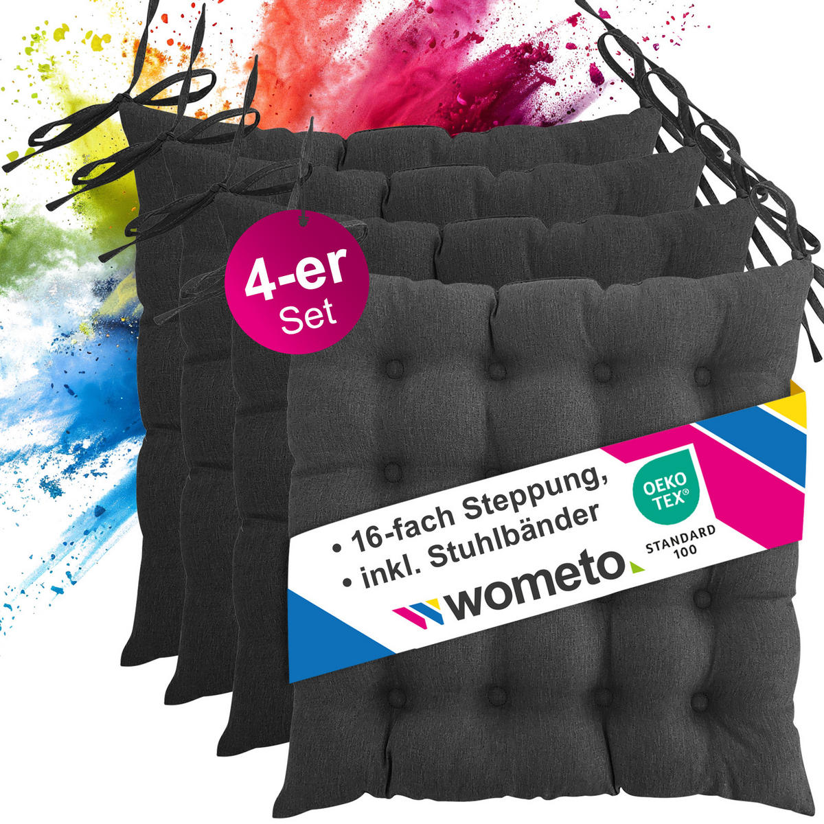 SITZKISSEN 4er Set 16-Punkt dunkelgrau 40/40 cm mit Steppung und Halte-Bändern - Dunkelgrau, Textil (40/40/4cm) - wometo
