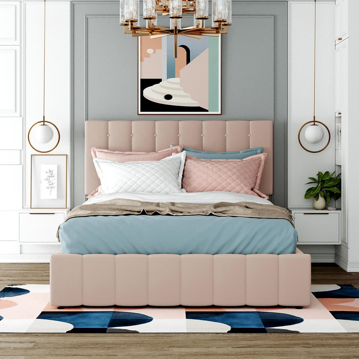 POLSTER-DOPPELBETT 140x200cm, Stauraum, Kopfteil höhenverstellbar, Samt, Dunkelbeige - Beige, Textil (140/200cm)