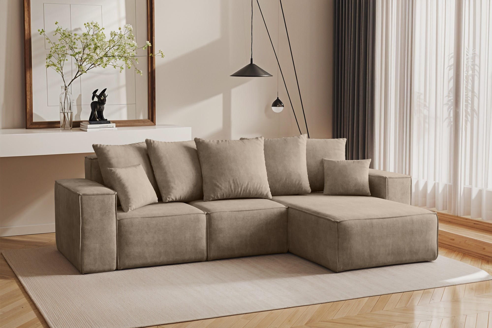 ECKSOFA L-Form Premium Kollektion ELLA Stoff Velours Noel Beige Rechts - Beige, Holz/Textil (262/168cm) - Kaiser Möbel