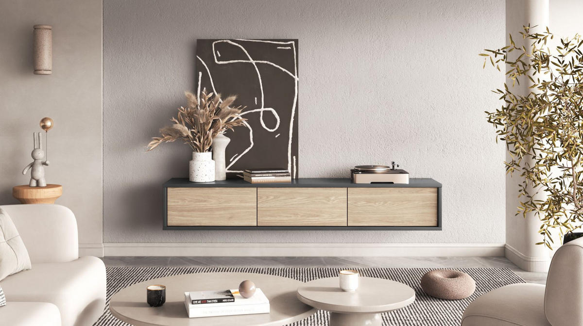 TV-LOWBOARD Moddern Anthrazit / Eiche 180 cm - Beige/Anthrazit, Holzwerkstoff (180/32/36cm) - Selsey