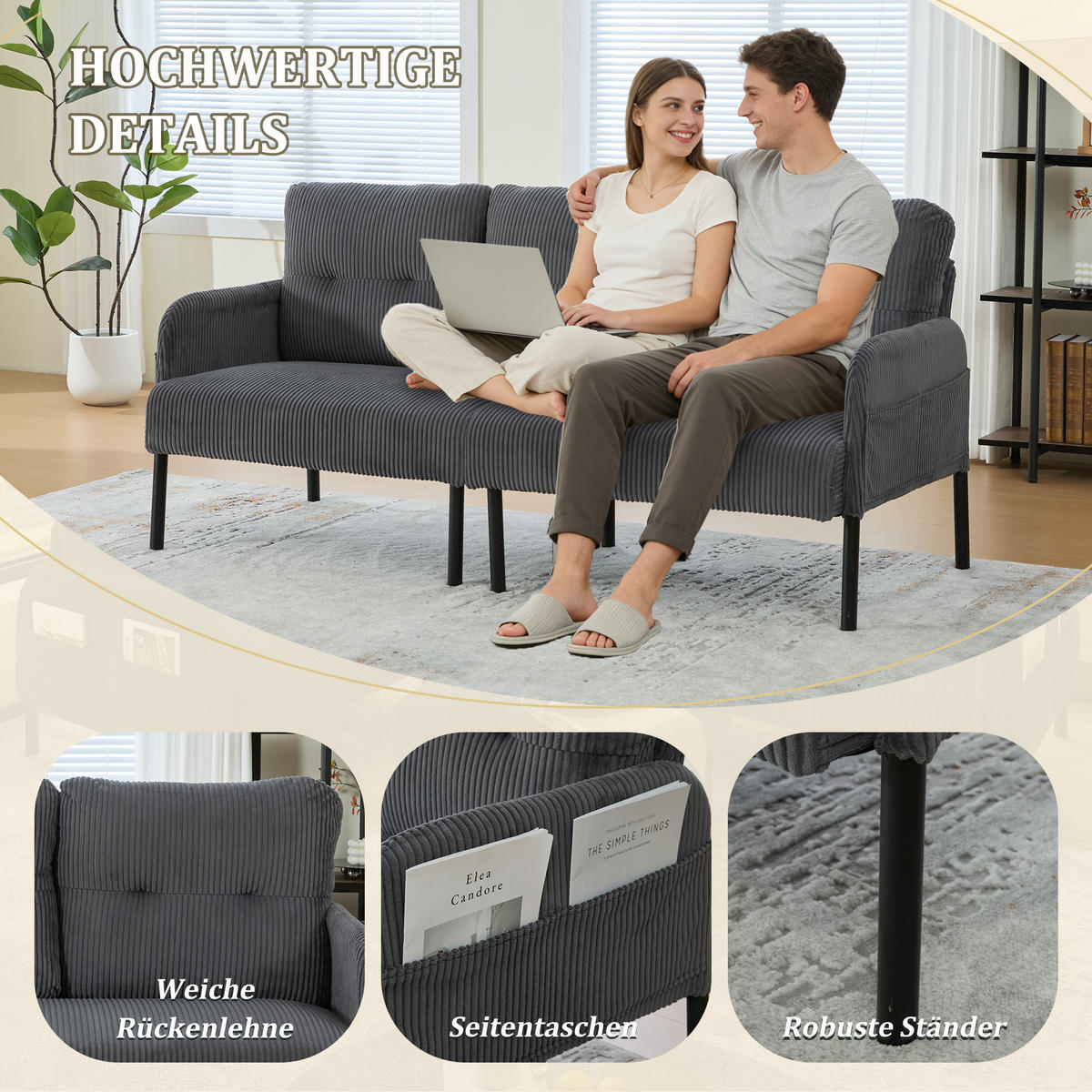 3-SITZER Sofa mit Seitentaschen, Metallgestell & Leinenstoff, 171cm, Grau - Schwarz/Grau, Textil/Metall (171/80/72cm) - LVHOM