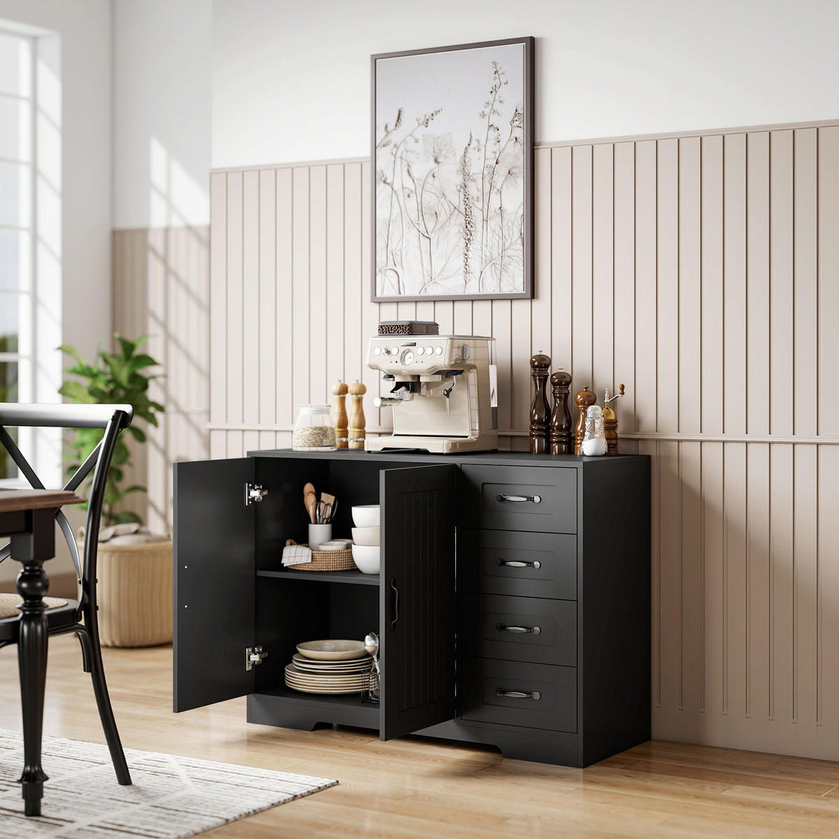SIDEBOARD, Beistellschrank mit 4 Schubladen, verstellbarer Einlegeboden, Schwarz - Schwarz, Holzwerkstoff/Metall (40/76/105cm) - HOMCOM
