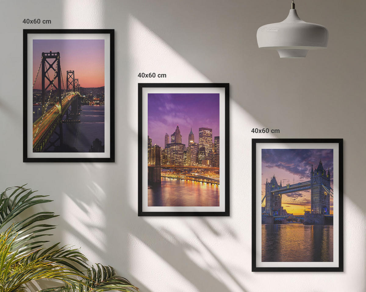 BILDER SET 3er Set - 40x60 cm Schwarzer Rahmen - Brücken, Sonne, Stadtblick - Schwarz, Kunststoff (40/60cm) - TULUP