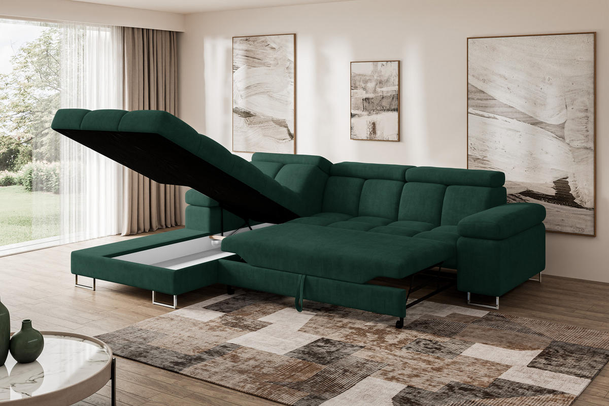 ECKSOFA mit Schlaffunktion Ottomane Links COMA L 271x203x79 Grün Velours - Grün, Holzwerkstoff/Textil (271/203cm) - ALTDECOR