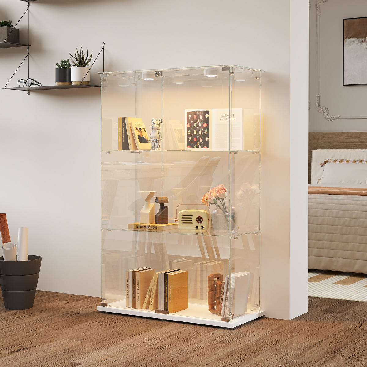 GLASVITRINE Weiß Mit LED, 2 Türen, 3 Regalen & Schloss, Standvitrine - Weiß, Holz (35/123.3/78.5cm)