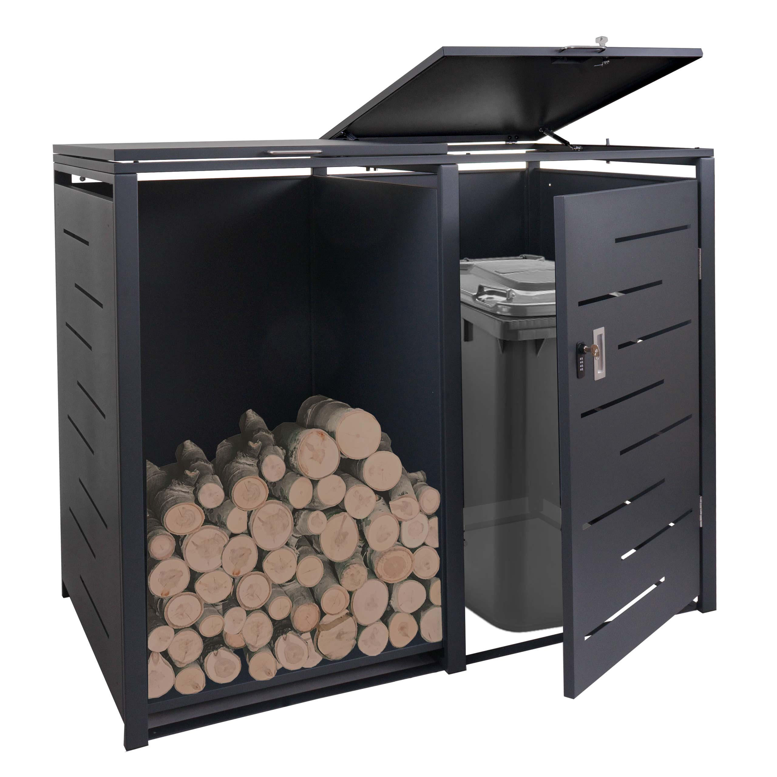 MÜLLTONNENBOX mit Brennholzregal 117x132x82cm erweiterbar 152kg Anthrazit - Anthrazit, Metall (132/117/82cm) - PROREGAL