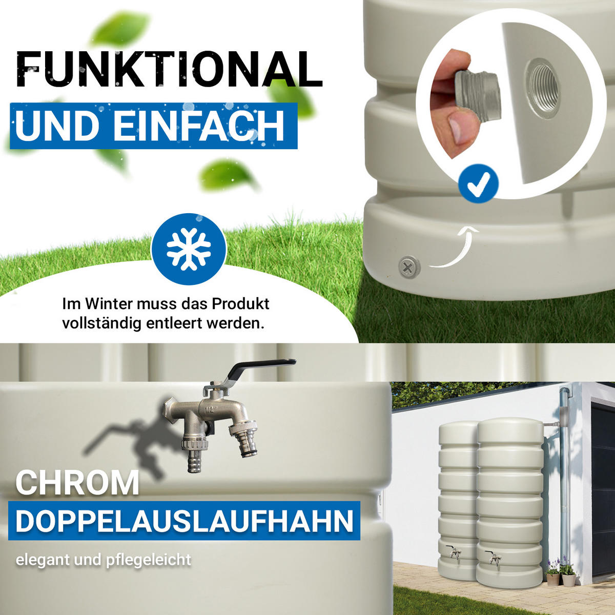 REGENTONNE Wandtank-SET Komplett-Set 1300 L, sandbeige 2 x 650 L, inkl. Verbinder und Fallrohranschluss - Beige, Kunststoff (160/192/60cm) - 4rain