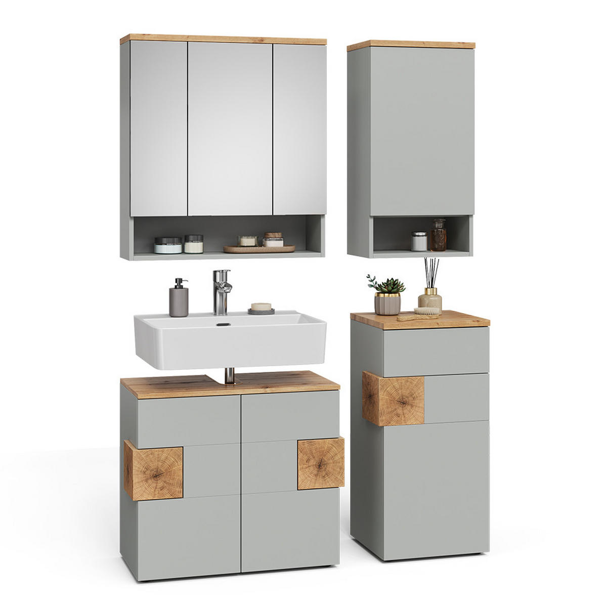 BADMÖBEL-SET Eden Grau/Artisan 4 Teile - Hellgrau/Grau, Holzwerkstoff (76/64/37cm) - Vicco