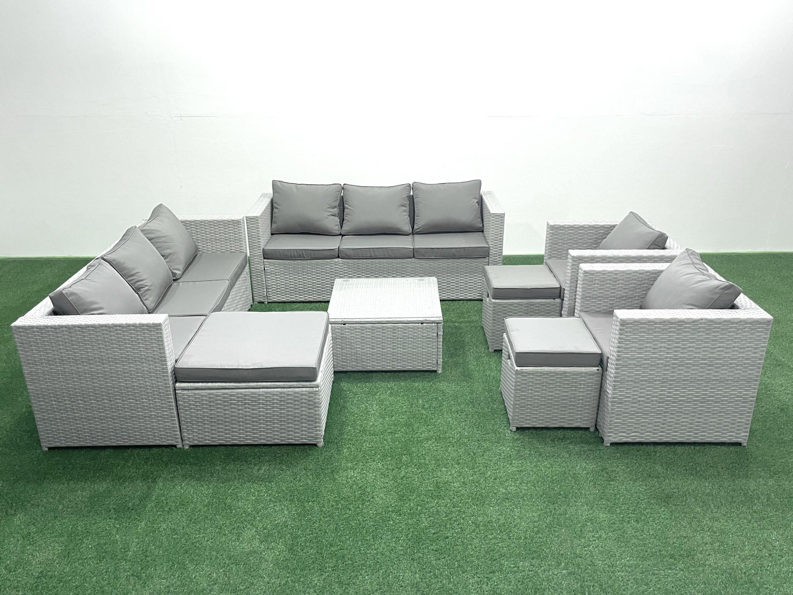GARTENMÖBEL-SET mit Kissen Polyrattan Hellgrau-Mix 11-Sitzer - Hellgrau/Grau, Glas/Kunststoff - Fimous