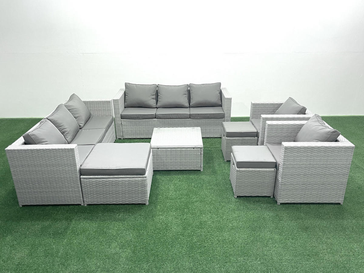 GARTENMÖBEL-SET mit Kissen Polyrattan Hellgrau-Mix 11-Sitzer - Hellgrau/Grau, Glas/Kunststoff - Fimous