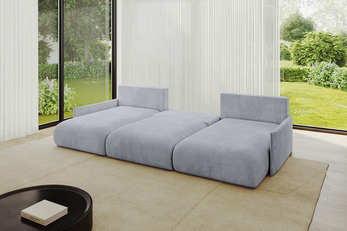 WOHNLANDSCHAFT mit Schlaffunktion und Bettkasten ONESK-U-v1 304x165x40 Hellgrau Velours - Hellgrau, Holzwerkstoff/Kunststoff (304/90/165cm) - ALTDECOR