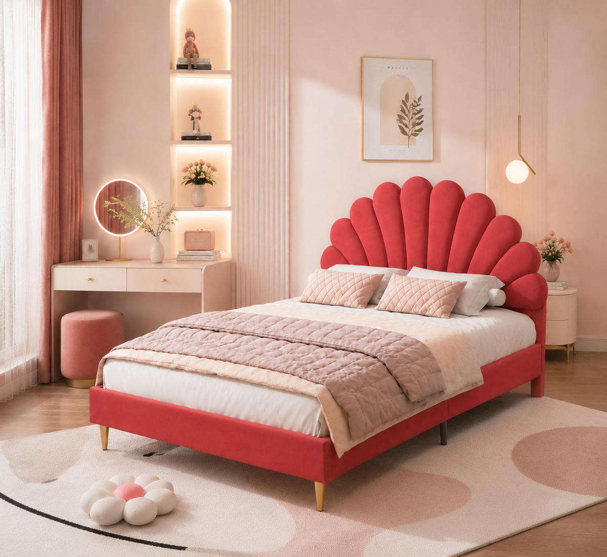 POLSTERBETT 140/200 Bordeaux Muschelkopfteil Doppelbett Jugendbett - Bordeaux, Holz/Metall (140/200cm) - Joyfair
