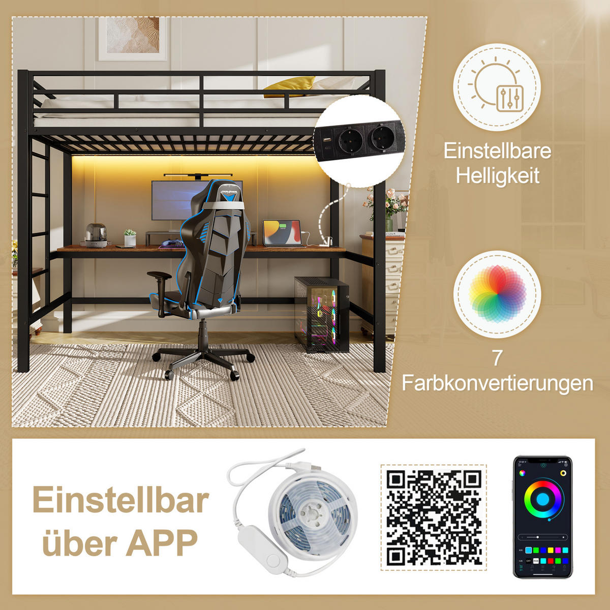 HOCHBETT 90/200 cm mit Schreibtisch, LED-Lichtleiste, USB, Steckdose und Typ-C, Metall, Schwarz - Schwarz, Metall (90/200cm) - Redom