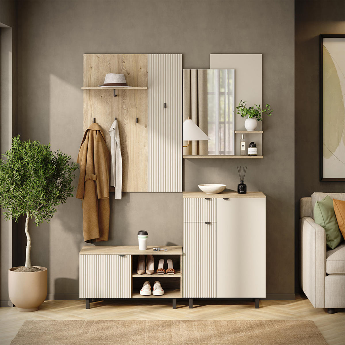 WANDSPIEGEL Puerto, Eiche/Cashmere, 70 x 90 cm - Kaschmir/Eichefarben, Holzwerkstoff (70/90/16.6cm) - Vicco