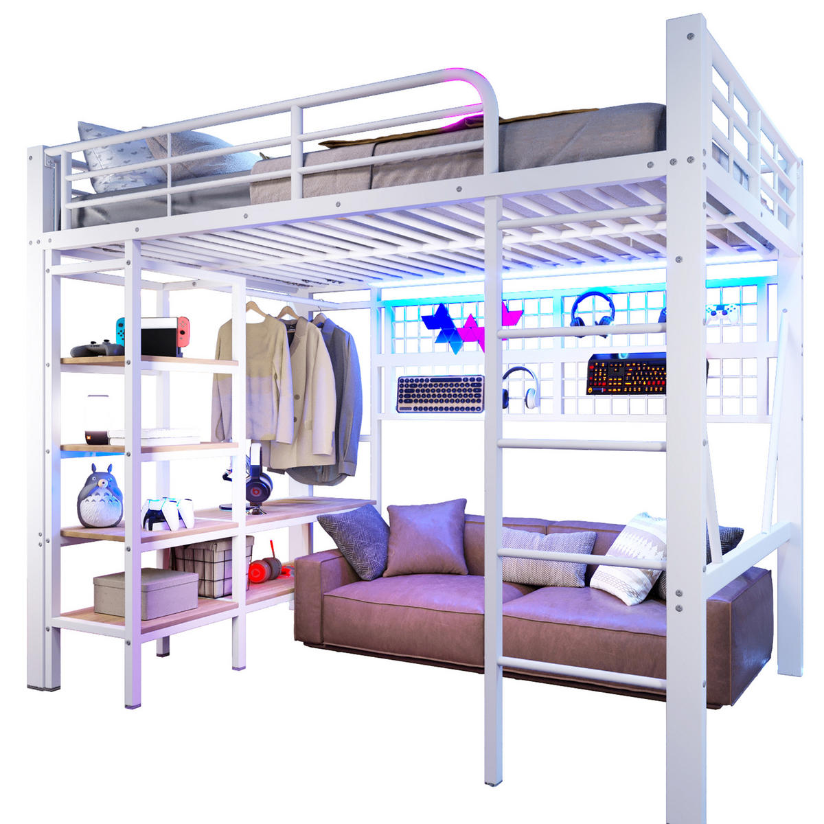 HOCHBETT 140/200 cm weiß aus Metall mit LED-Lichtleiste und Ablagefach - Weiß, Metall (140/200cm) - OKWISH