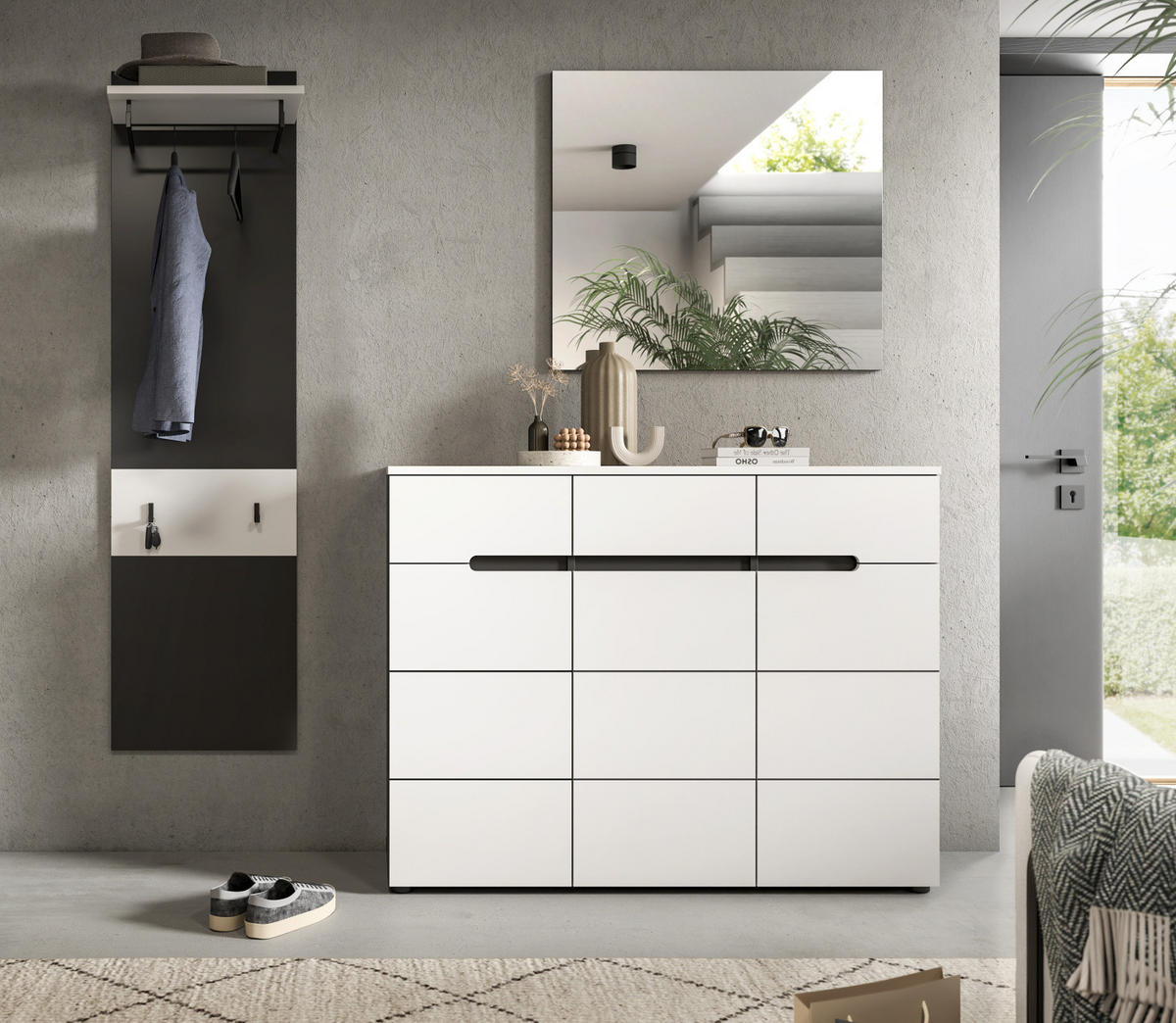 GARDEROBEN-SET 3-teilig in weiß, grau 180 cm, Kombination mit Soft-Close, Cooper - Schwarz/Weiß, Glas/Holzwerkstoff (180/190/37cm) - Inn.Furn