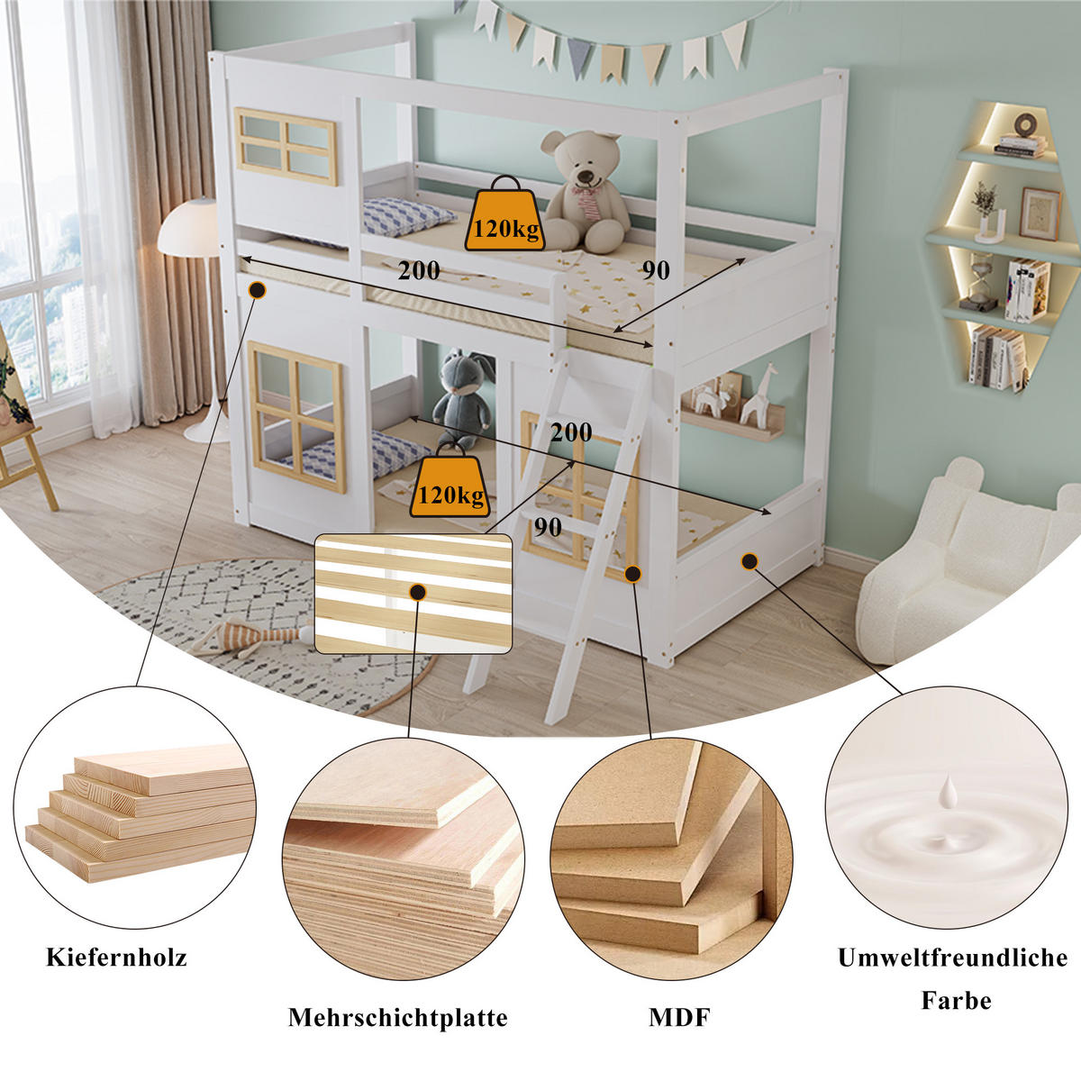 ETAGENBETT 90/200 cm weiß und natur aus Kiefer mit Fenstern - Weiß, Holz (90/200cm) - OKWISH