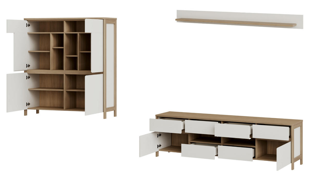 WOHNWAND weiß und Eiche Wohnkombination skandinavisch 3-teilig 319 cm, Soft-Close, Finnes - Eichefarben/Weiß, Glas/Holzwerkstoff (319/170/39cm) - Furn.Design