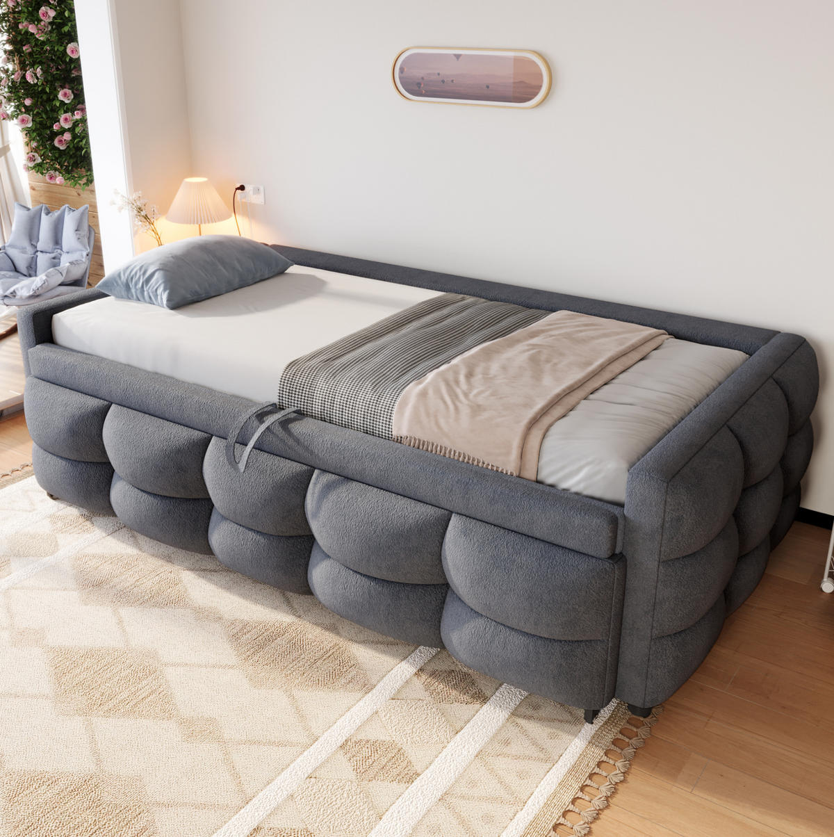 POLSTERBETT 90/190 cm ausziehbar mit Lattenrost und Teddybezug, Grau - Grau, Textil (90/190cm) - Redom