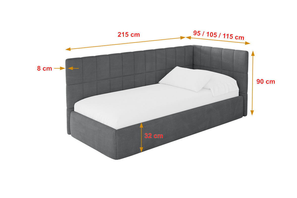 EINZELLBETT Jugendbett mit Bettkasten, Links - TULY 90x200 Dunkelgrau - Graphitfarben, Holzwerkstoff/Textil (90/200cm) - ALTDECOR