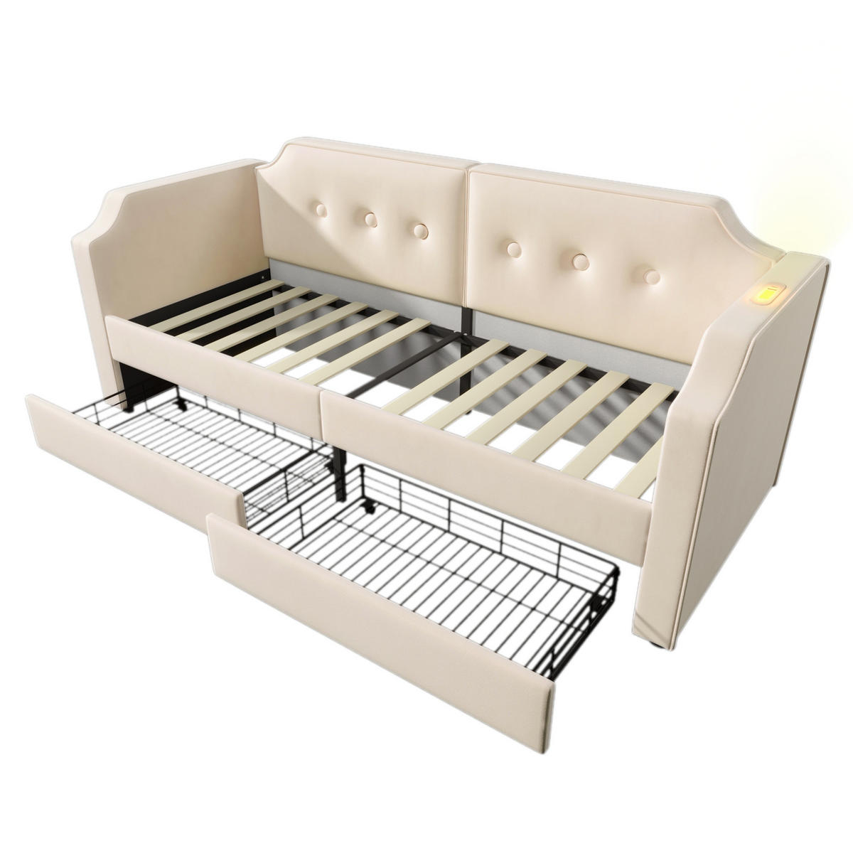 POLSTERBETT 90/200 cm Beige mit USB-Type-C Leselicht und 2 Stauraum Schubladen - Beige, Textil (90/200cm) - OKWISH