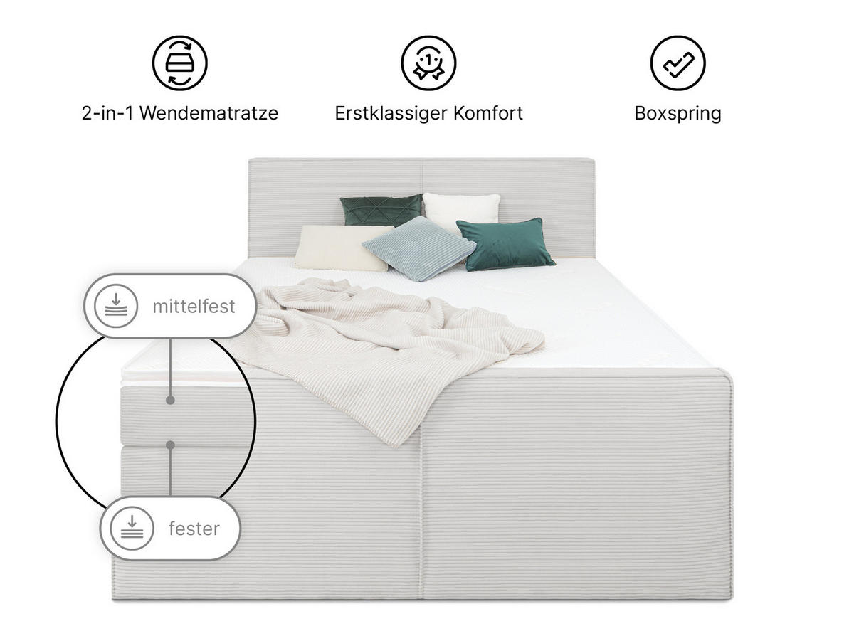 BOXSPRINGBETT Buffalo Grau 160/200 cm H3/H4 Cord - Grau, Textil (160/200cm) - wonello