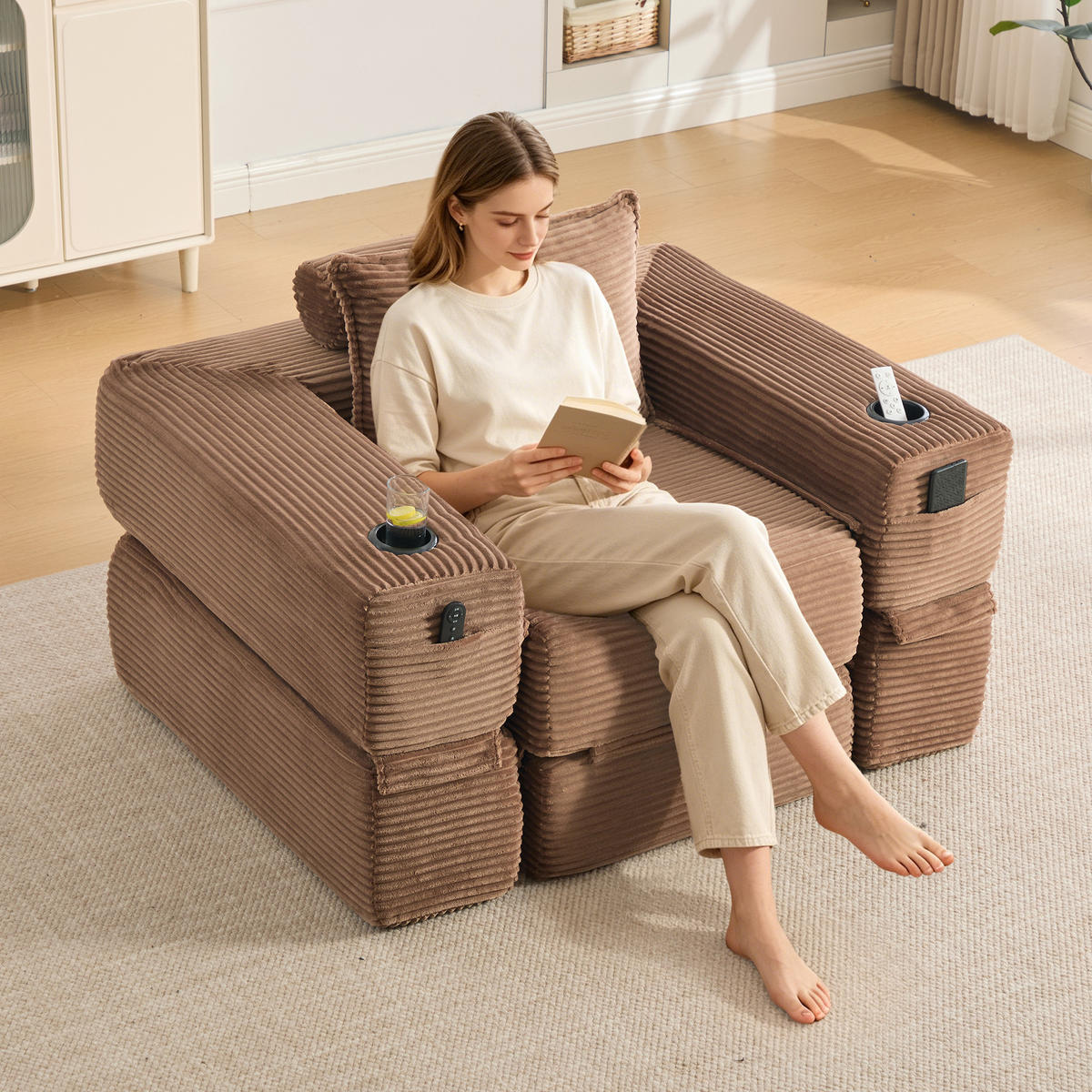 SOFA mit Schlaffunktion 122 x 98 x 80 cm Cord Braun - Dunkelbraun, Kunststoff (98/80/122cm) - Meubliv