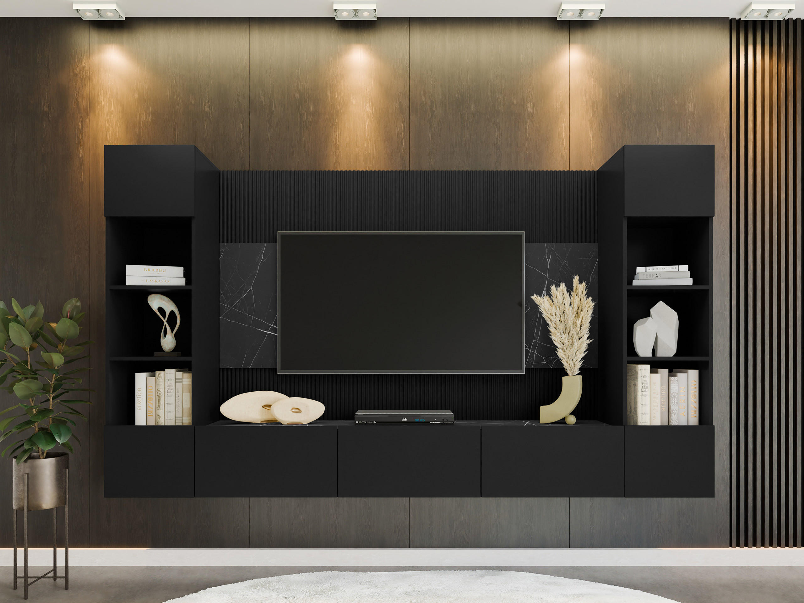 Thumbnail - Mirjan24 Wohnwand, Schwarz, Holzwerkstoff, Marmor Optik, 260x150x38 cm, Wohnzimmer, Wohnwände, Anbauwände