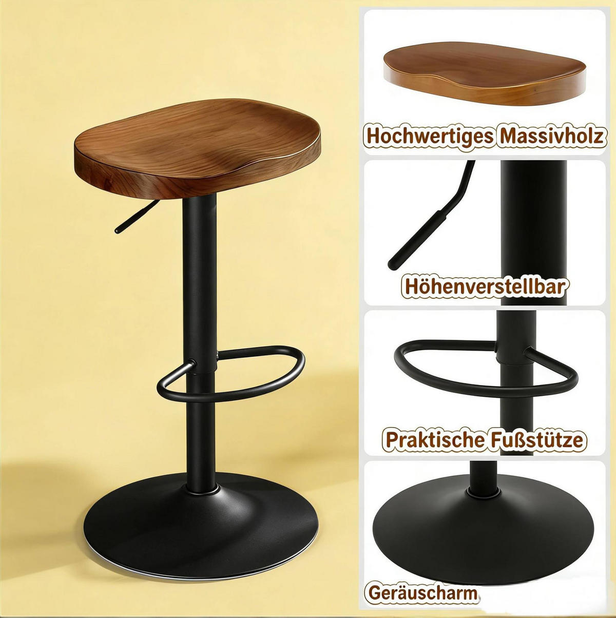 BARHOCKER 360° drehbar, höhenverstellbar 60–81 cm, Braun - Braun, Holz (31.5/81/41.5cm) - MIVRAY