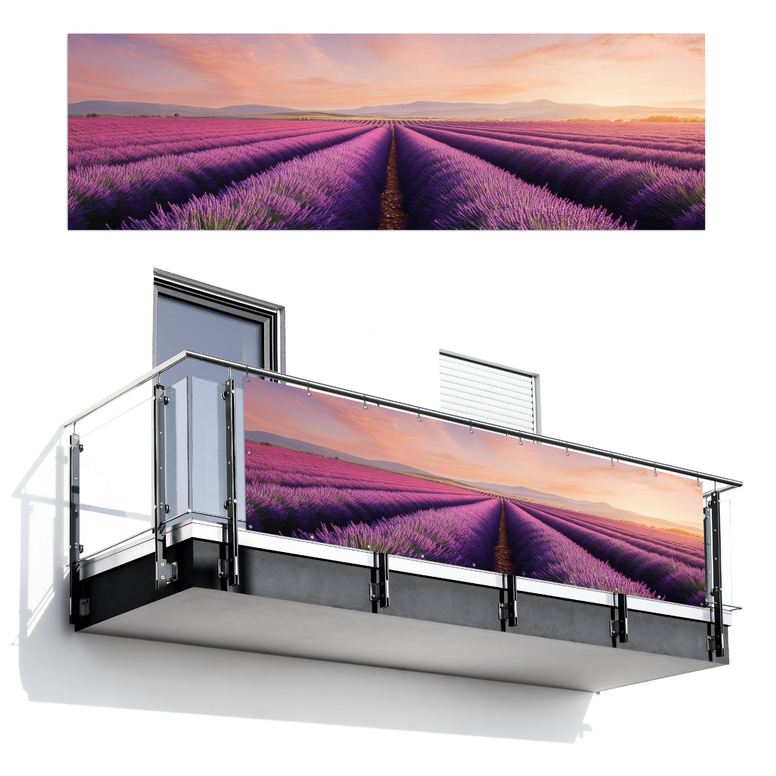 BALKON-SICHTSCHUTZ Lavendelfeld - Sonnenuntergang - Lila - Blumen - Violett, Kunststoff (300/95cm) - MuchoWow