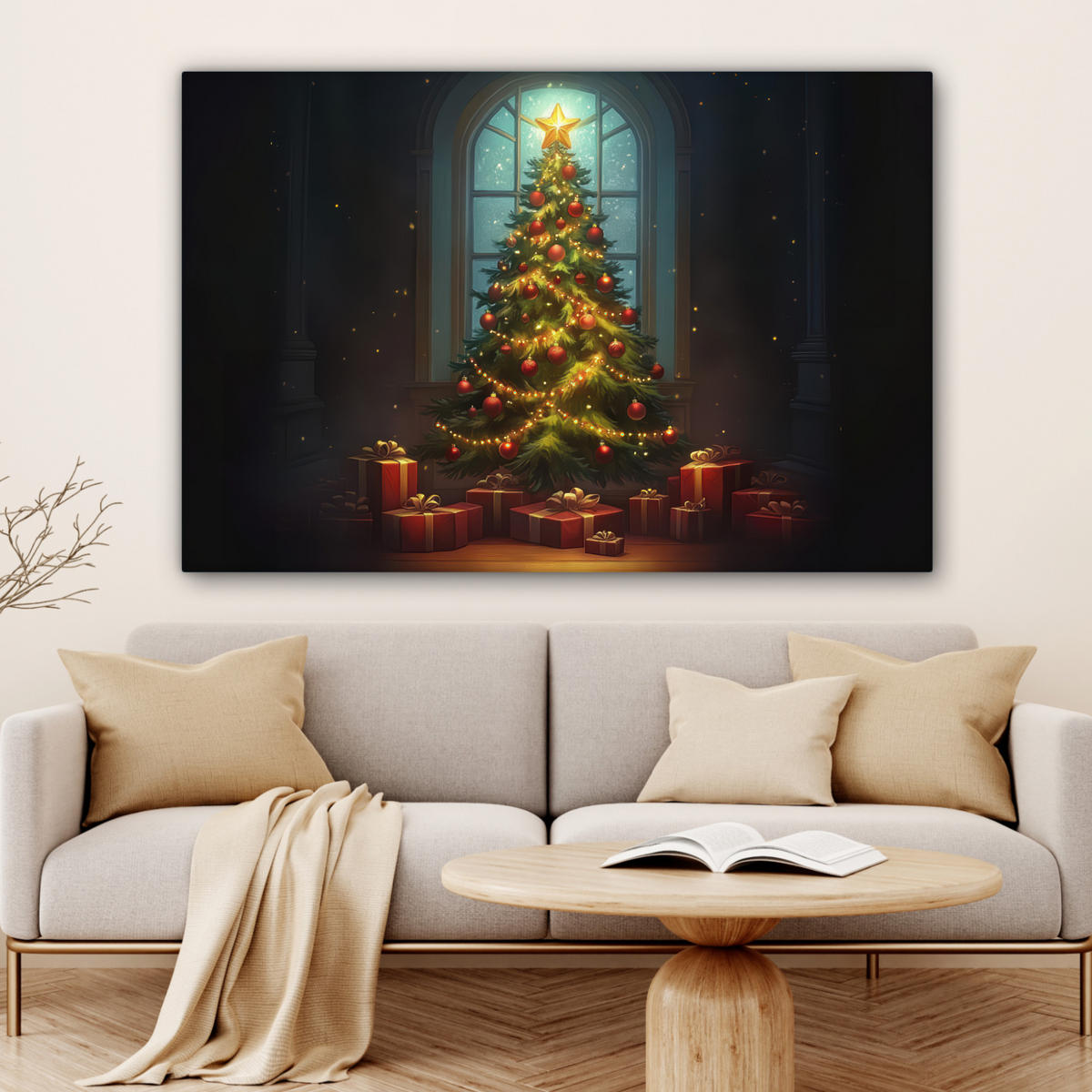 LEINWANDBILD Weihnachtsbaum - Geschenk - Winter Wohnzimmer 120x80 cm - Grün, Textil (120/80cm) - MuchoWow
